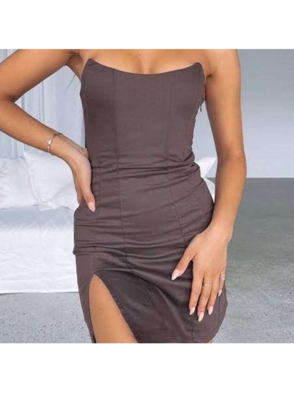 White Fox Mini Dress - Chocolate corset boning slit strapless‎ sz XS